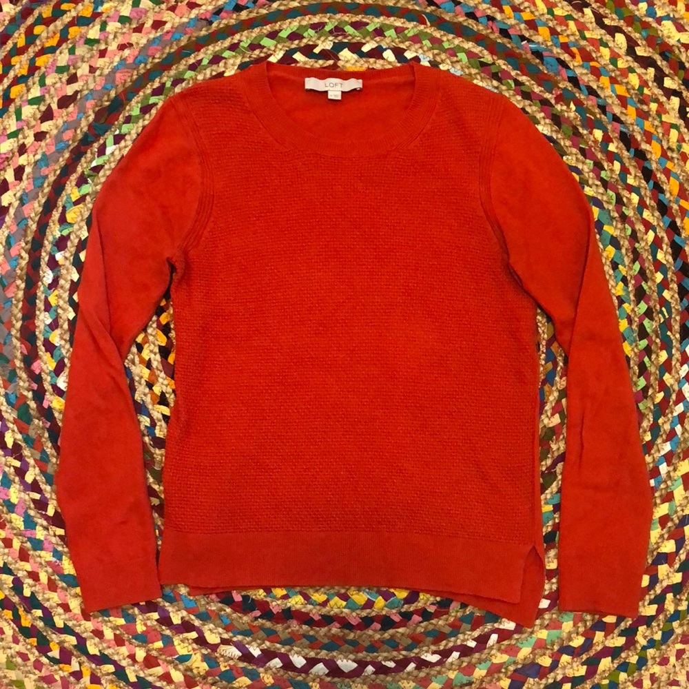 LOFT Red Sweater Cotton Crew Neck Waffle Knit Cotton Cashmere Sz M Medium